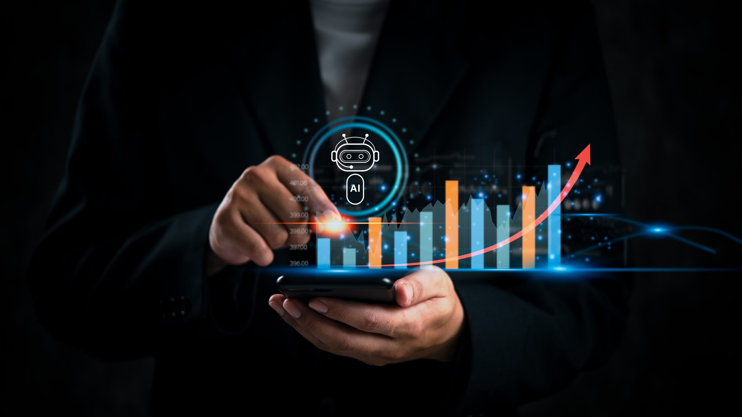 Persona con un móvil en la mano del que salen unos gráficos de Inteligencia Artificial